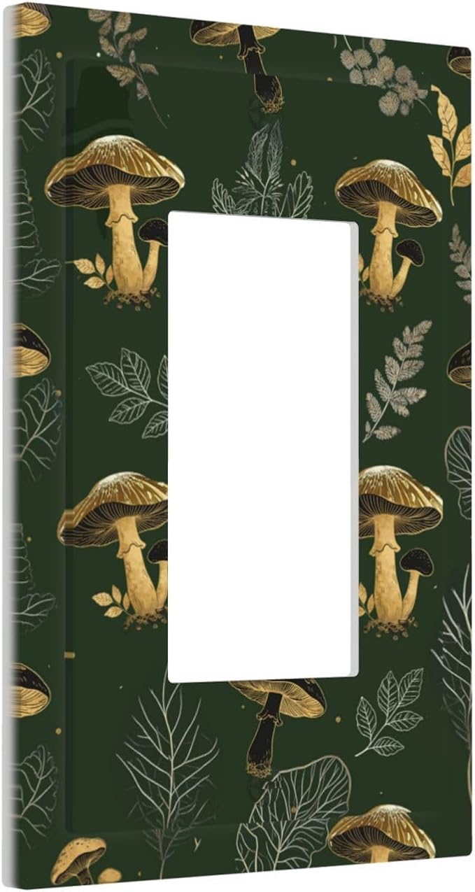 Decorative Outlet Covers Cute Gold Mushtroom Green Plant Leaf 1 Gang Rocker Light Switch Cover Plate Single Wall Plates for Electrical Outlets Switch Plate Covers Faceplate for Home Decor