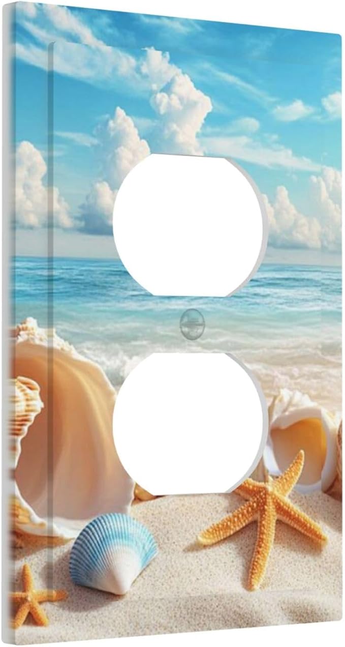 Beach Coastal Seashore Sea Starfish Shell Sand Outlet Covers 1 Gang Duplex Light Switch Cover Decorative Switch Plates Electrical Receptacle Faceplate Wall Plate for Bathroom Home Decor