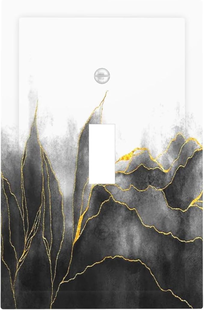 Decorative Light Switch Cover Black And Gold Marble White Golden Leaves 1 Gang Single Toggle Decorator Outlet Wall Plate Device Electrical Faceplate Switchplates for Bedroom living Room