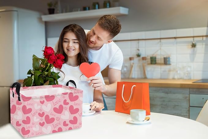 Essme Rectangular Valentine's Day Basket,Pink Heart Storage Bins Organizer with Handles for Girls Room Decor, Gift Basket,Shelf Basket.(Pink love heart)