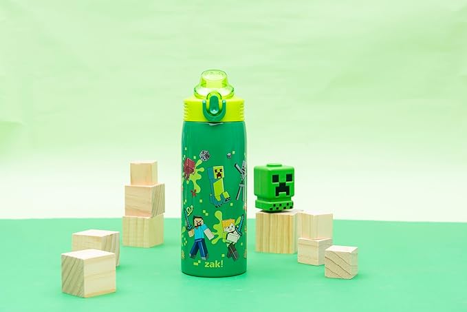 Zak Designs Minecraft Sage Kids Water Bottle For School or Travel, 19oz Stainless Steel Water Bottle With Straw, Handle, and Leak-Proof, Pop-Up Spout Cover (Steve, Alex, Mobs)