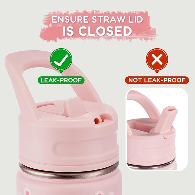 Fijinhom 12oz Water Bottle for School, Bottles with Straws, Stainless Steel Vacuum Insulated Water Bottle, Leak-Proof, BPA-Free, Pink Rabbit