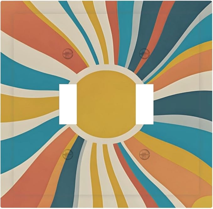 Decorative Switch Plate Cover with Retro Mid-Century Modern Sunburst Motif Design 2 Gang Wall Plate Unique Double Toggle Double Light Switch Covers for Abstract Teal/Yellow/Orange Wall Decor