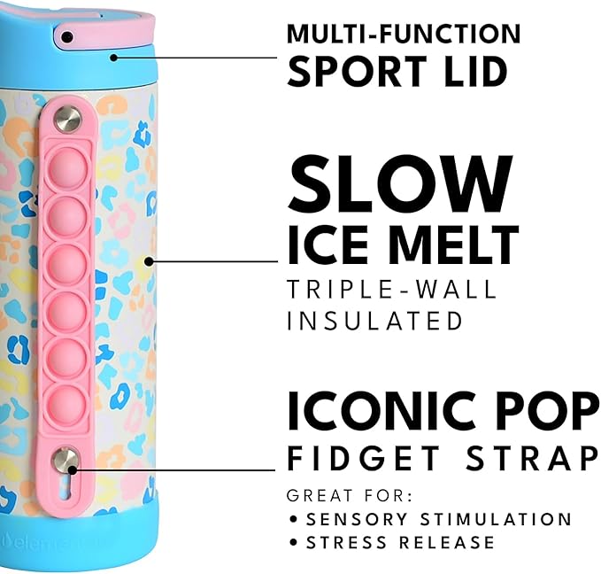 Elemental Iconic Kids Water Bottle for School - 100% Leak-Proof Insulated Water Bottles with Straw Lid & Pop-It Handle for Boys & Girls - Triple-Wall Insulated & BPA-Free, 14oz – Pastel Leopard