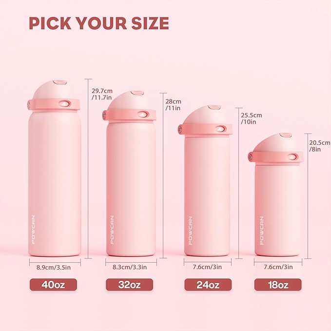 POWCAN 18 oz Insulated Water Bottle: 2-in-1 Push-Button Spout & Quick-Flip Straw, Leakproof, Cold 24Hrs, Fits Car Cup Holder, Stainless Steel Water Bottle for Sports, Travel, School (Cotton Candy)