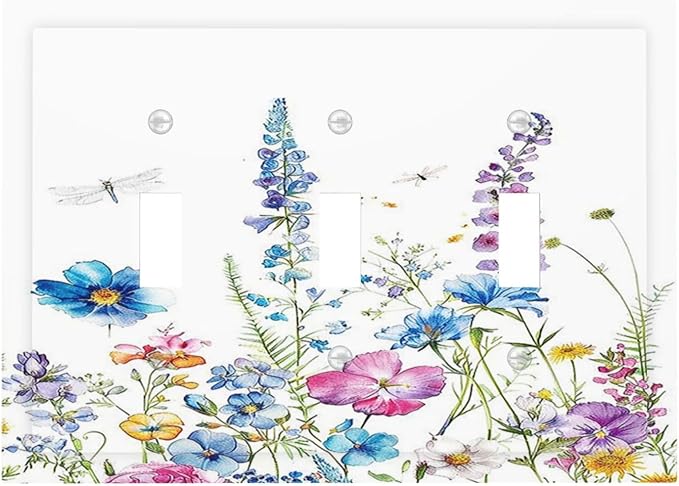Decorative Switch Plates Boho Colorful Flowers Plants And Dragonflies 3 Gang Wall Plate Faceplate Triple Toggle Light Switch Cover Electrical Wall Panels for Bedroom living Room Decor