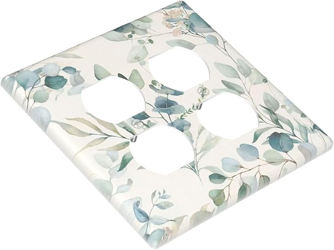 Boho Green White Eucalyptus Leaf Floral Outlet Covers 2 Gang Double Duplex Decorative Light Switch Covers Electrical Wallplates Socket Faceplate for Farmhouse Living Room Decor