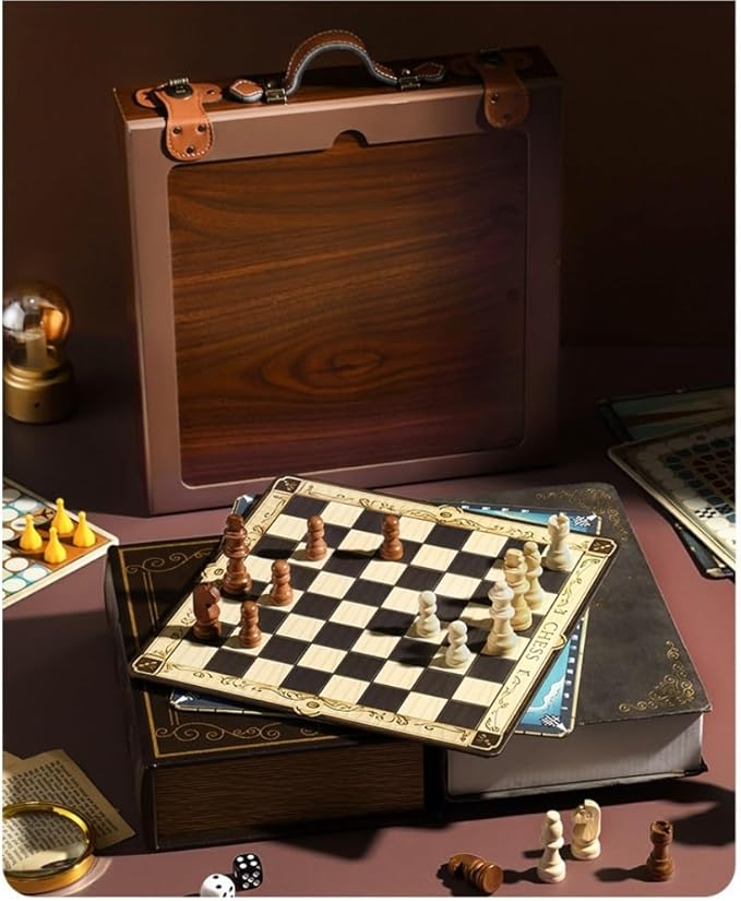 Board Games 12-in-1 Classic Wooden Board Game Set Chess Checkers Backgammon and More Premium Multi-Game Collection