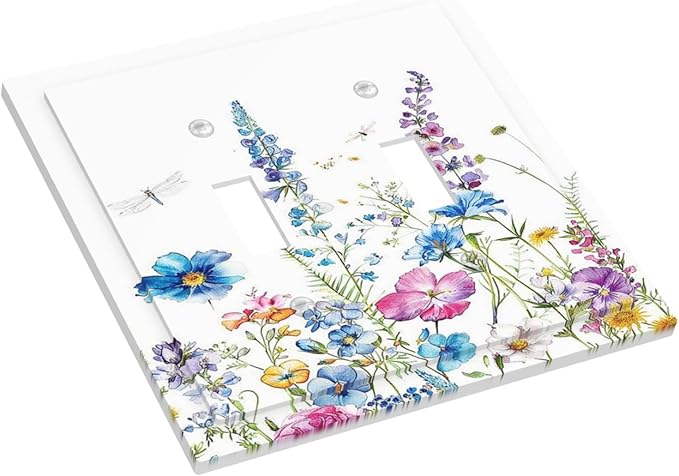 Decorative Switch Plates Boho Colorful Flowers Plants And Dragonflies 2 Gang Double Toggle Wall Plate Outlet Light Switch Cover Electrical Faceplate for Bedroom living Room Decor