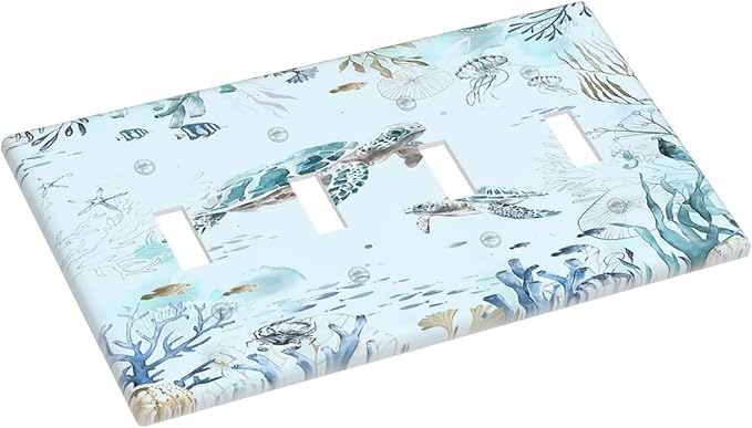 Light Switch Covers Teal Blue Ocean Sea Turtle Seabed Plants Quad Toggle 4 Gang Wall Plate Electrical Faceplate Decorative Switch Plates for Bathroom Kids room Decor