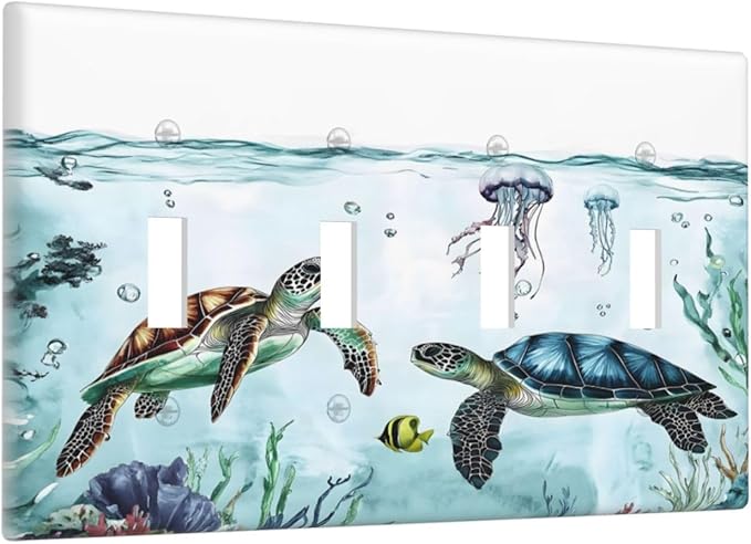 Sea Turtles Sea Coral Seaweed Ocean Jellyfish Light Switch Covers Quad Toggle Electrical Faceplate 4 Gang Wall Plate Decorative Switch Plates for Kids Room Bathroom Decor