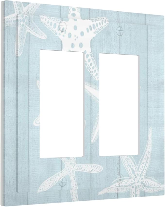 Beach Starfish Vintage Wood Rustic Country Ocean Decorative Outlet Covers 2 Gang Double GFCI Rocker Electrical Wall Panels Light Switch Cover Plate for Farmhouse Kids Room Decor