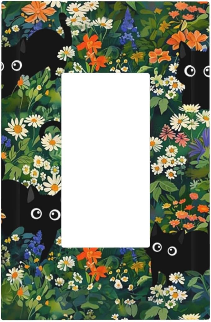 Funny Chic Cartoon Boho Cute Black Cat 1-Gang Decorator Rocker Outlet Light Switch Cover Green Floral Flower Kid Boys Vintage Decorative Single Device GFCI Receptacle Switch Wall Plate Dimmer Mid Size