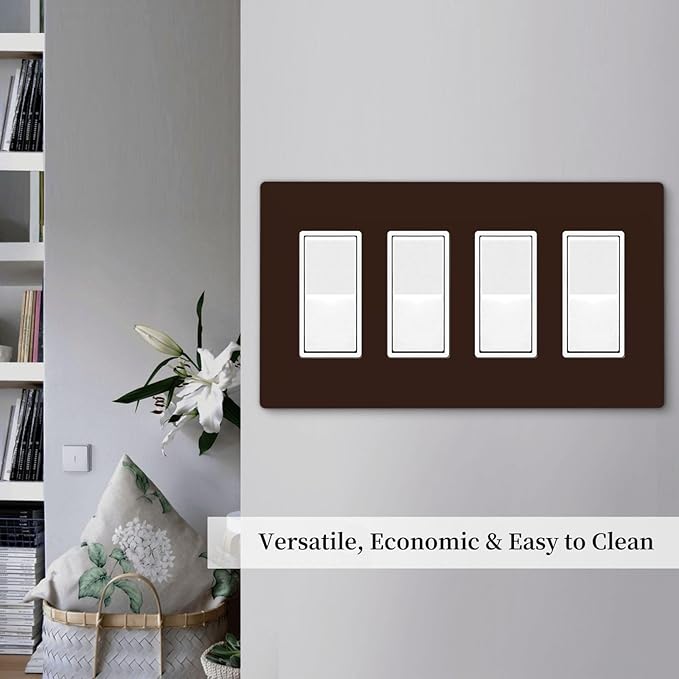 Coffee Brown 4 Gang Quad Rocker/GFCI/Decorator Light Switch Cover Plate Decorative Electric Faceplate Decorative Switchplate Screwless