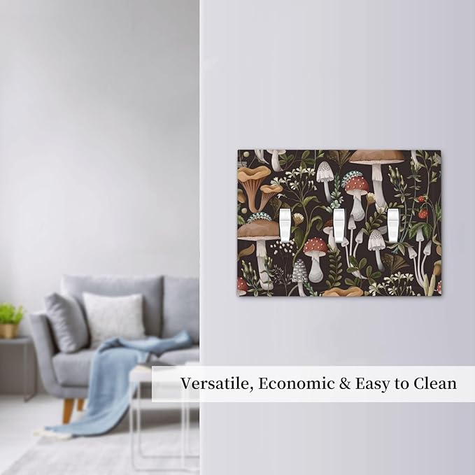 Cute Funky Black Boho Hippie Bohemian Mushroom Vintage Aesthetic Botanical Plant Floral Leaves 3 Gang Three Device Mid Size Plug Socket Wall Plate Triple Toggle Outlet Light Switch Plate Cover Dimmer
