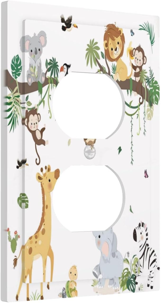 Jungle Animals Tree Branch Monkey Giraffe Lion Elephant Outlet Covers 1 Gang Duplex Light Switch Cover Decorative Switch Plates Electrical Receptacle Faceplate Wall Plate for Kids Room Nursery Decor
