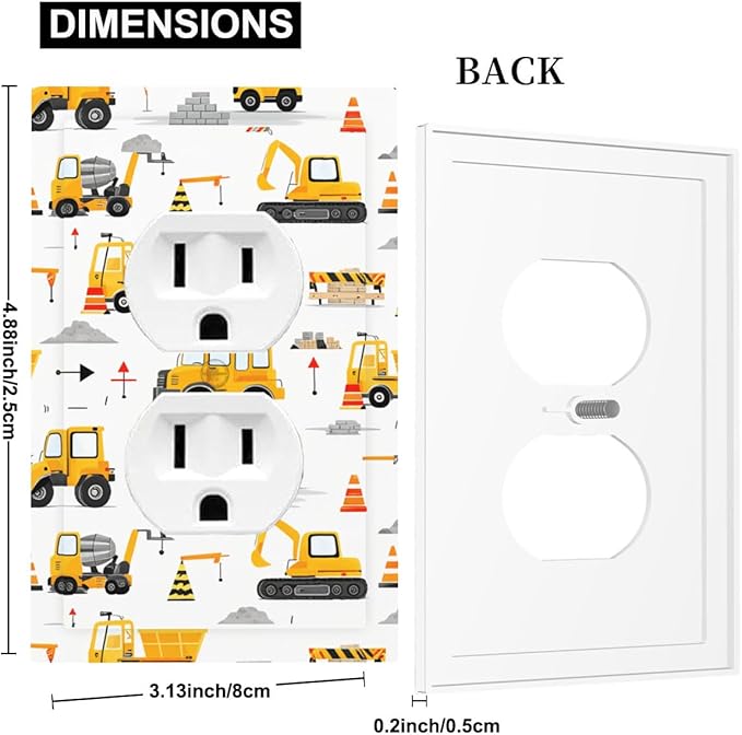 Construction Vehicles & Trucks Pattern Duplex Wall Plate - 1-Gang Standard US Size Little Builder's Dream Outlet Covers for Boy's Bedroom Decor