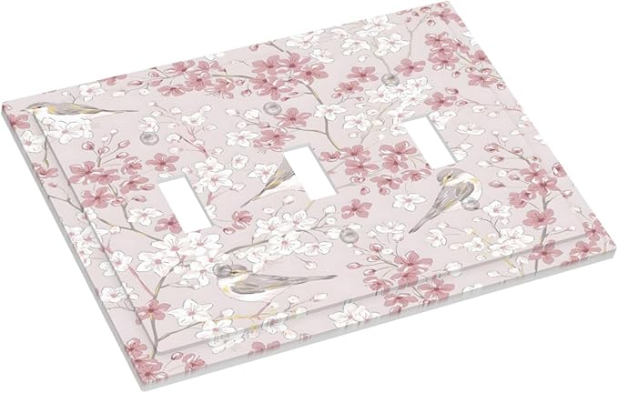 Pink Sakura Cherry Blossom Vintage Bird Floral Flower Decorative Switch Plates 3 Gang Wall Plate Triple Toggle Light Switch Cover Faceplate Electrical Wall Panels for Bedroom Living Room Decor