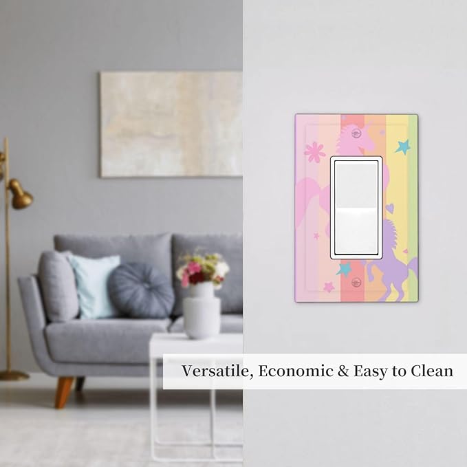 Cute Purple Pink Rainbow Unicorn Single Light Switch Cover Plate 1 Gang Rocker Outlet Covers Decorative Electrical GFCI Wallplate Faceplates for Nursery Girls Boys Room Kids Room Décor