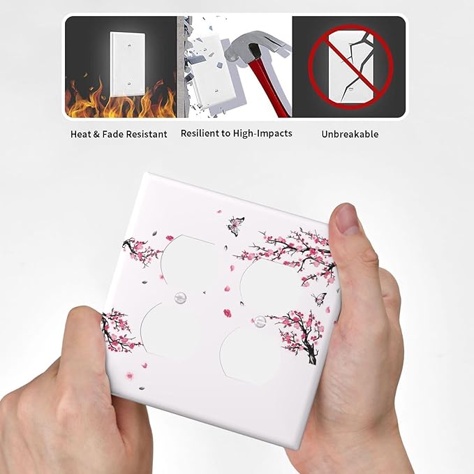 Pink Watercolor Cherry Blossom Flowe Tree Branch Floral Outlet Covers 2 Gang Double Duplex Decorative Light Switch Covers Electrical Wallplates Socket Faceplate for Bedroom Living Room Decor