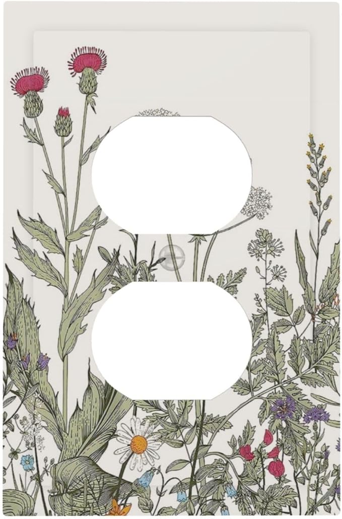 Rustic Country Floral Flowers Blossom Botanical Plant Herbs Wildflower 1 Gang Electrical Device Duplex Receptacle Light Switch Outlet Cover Wall Plate Electric Plug Socket Cover Decorative Switchplate