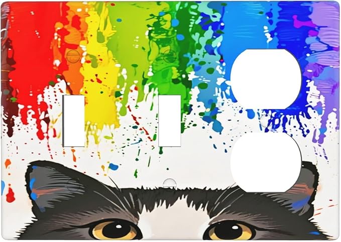 Cat Rainbow 2 Toggle 1 Duplex Receptacle Outlet Cover Wall Plate Decorative 3 Gang Light Switch Covers Electrical Switchplate Home Decorate Faceplat for Bathroom Bedroom Kitchen Room 4.5 x 6.4 Inch