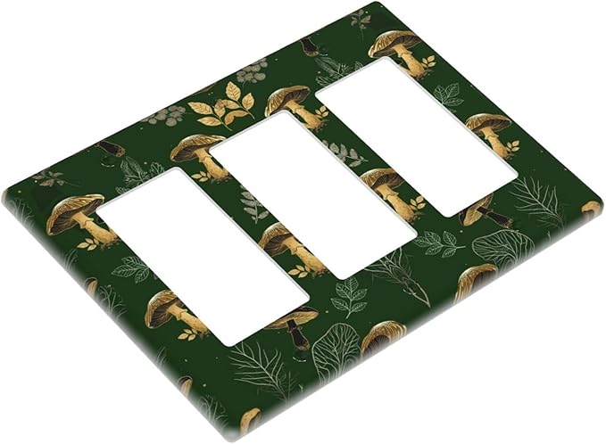 Decorative Outlet Covers Cute Gold Mushtroom Green Plant Leaf 3 Gang Light Switch Cover Plate Triple Rocker Wall Plates for Electrical Outlets Switch Plate Covers for Bedroom Home Decor