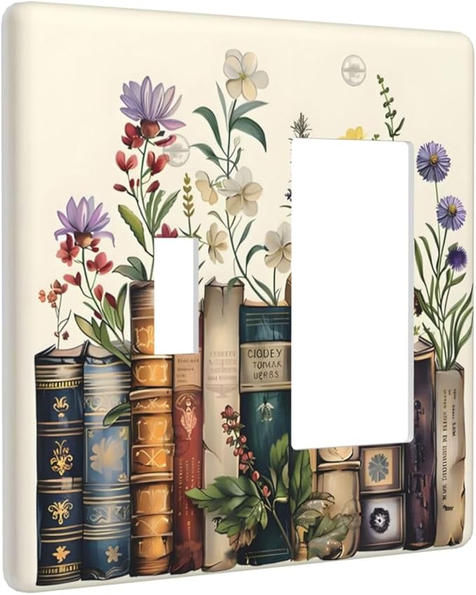 Plant Floral Books Colorful Flower Outlet Covers 1 Toggle 1 Rocker Combination Decorative Wall Plate Electrical Switch Plates Light Switch Cover Plate for Kids Room Bedroom Decor