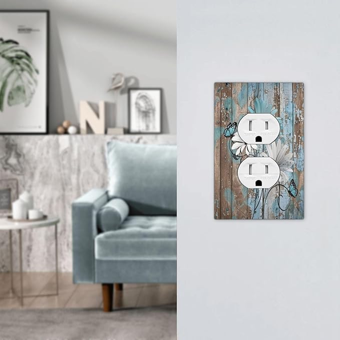 Outlet Covers Rustic Flower Teal Turquoise Daisy Butterfly 1 Gang Duplex Light Switch Cover Decorative Switch Plates Electrical Receptacle Faceplate Wall Plate For Farmhouse Cabin Decor