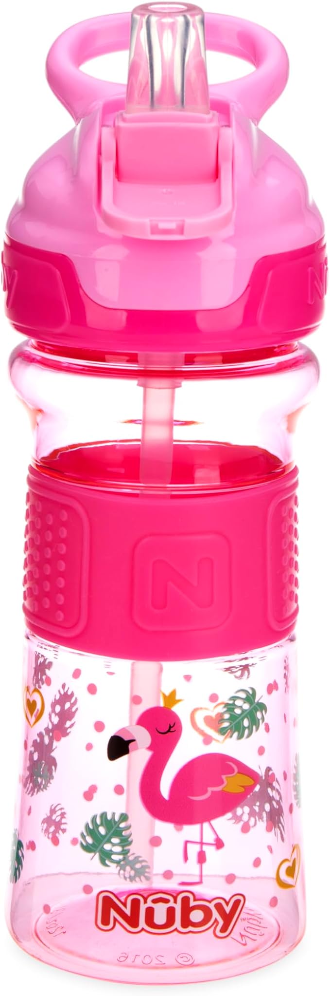 Nuby Thirsty Kids Push Button Flip-it Soft Spout on The Go Water Bottle with Easy Grip Band, Pink Rainbows, 12 Ounce