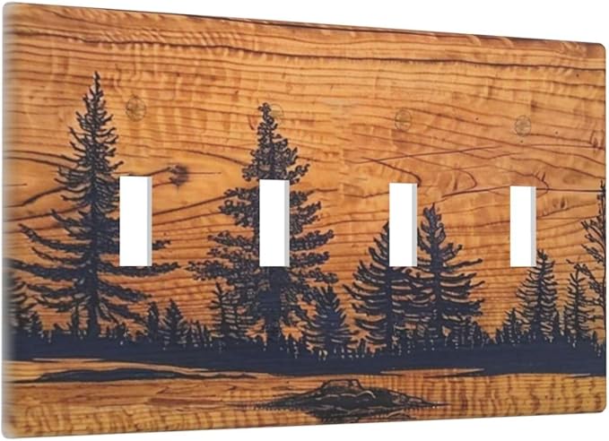 Decorative 4 Gang Quad Toggle Light Switch Cover Retro Forest Pine Tree Jungle Woodland Woods Brown Wood Lodge Wooden Style Electrical Four Device Decorator Wall Plate Standard Size Outlet Covers