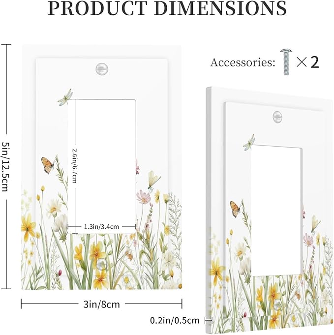 Colorful Wildflowers Dragonfly Butterfly Floral Decorative Outlet Covers 1 Gang Single Rocker Light Switch Cover Plate Wall Plates GFCI Faceplate for Bedroom Living Room Decor