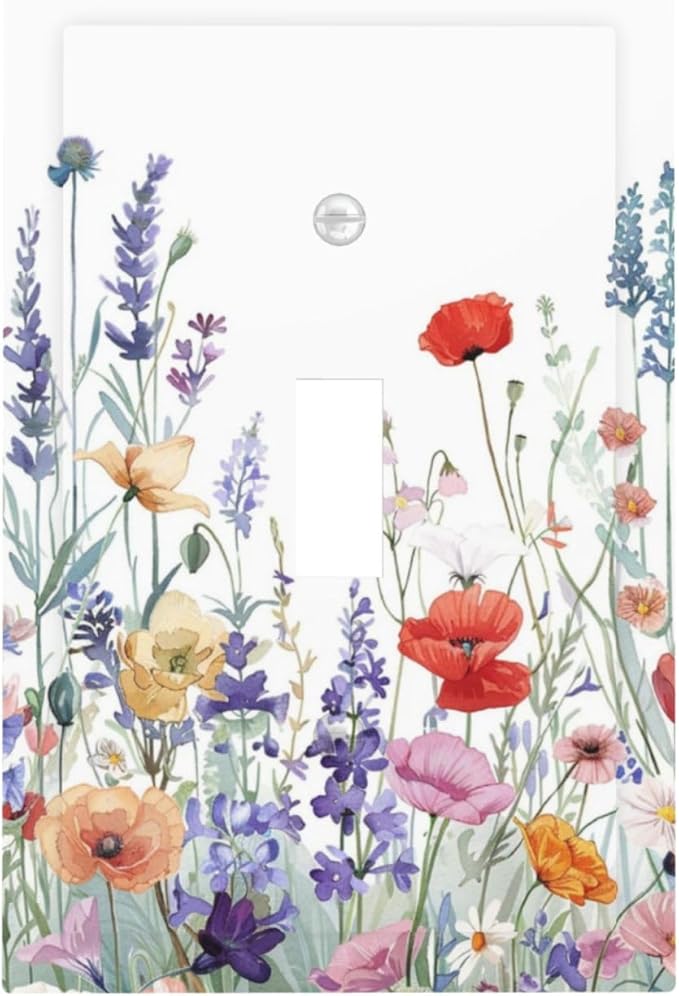 Colorful Floral Purple Lavender Flower Leaves Plants Decorative Light Switch Cover 1 Gang Single Toggle Device Electrical Faceplate Switchplates Decorator Outlet Wall Plate for Bed Room Living Room