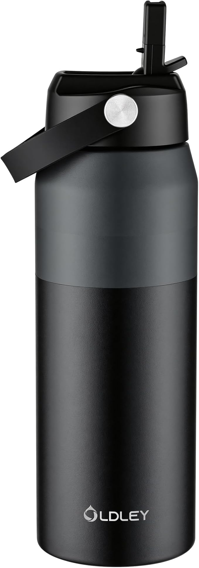 Oldley 24oz Insulated Water Bottle with Straw, Stainless Steel Water Bottle for Sports, Travel, School, BPA-Free Sports Bottles for Adult Kids, Leak-Proof, Gray & Black Layering