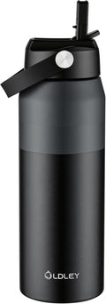 Oldley 24oz Insulated Water Bottle with Straw, Stainless Steel Water Bottle for Sports, Travel, School, BPA-Free Sports Bottles for Adult Kids, Leak-Proof, Gray & Black Layering