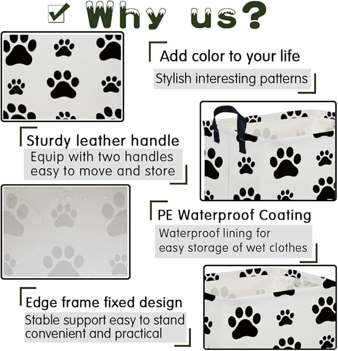Rectangular Dog Basket,Nursery Hamper,Collapsible canvas kids toy storage box,Kids room storage basket,Pet decor(Dog paw)