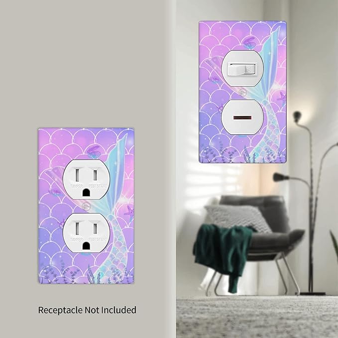 2 Pcs Mermaid Wall Plates Light Switch Cover Cute Decorative Outlet Cover for Girls Boys Bedroom Kitchen Home Bathroom Living Room(Single Toggle Duplex Outlet)