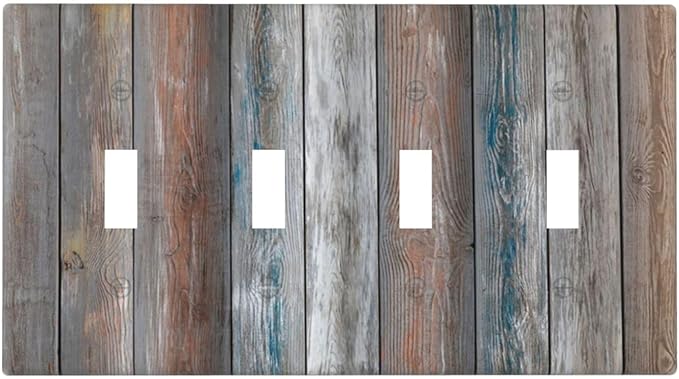 Light Switch Cover Vintage Blue Grey Wood Plank 4 Gang Switch Plate Quad Toggle Wall Plates Rustic Country Decorative Switchplate Electrical Outlet Cover Plates for Farmhouse Home Decor