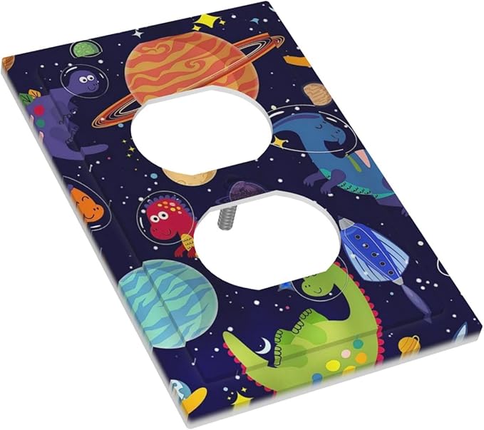 1 Gang Duplex Receptacle Switch Wall Plate Blue Cute Cartoon Dino Kids Dinosaur Universe Galaxy Outer Space Cosmos Planet Nebula Boy Girl Switchplate Mid Electrical Outlet Cover Receptacle Plug Cover