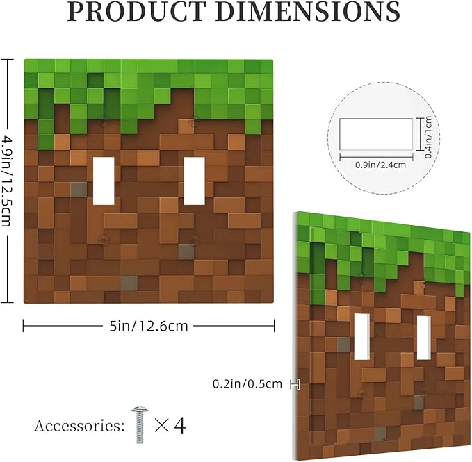 Pixel Style Gamer Themed Grass Block Decorative Switch Plates 2 Gang Double Toggle Outlet Light Switch Cover Wall Plate Electrical Faceplate for Kids Room Office Home Decor