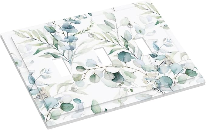 Watercolor Spring Eucalyptus Green Saga Leaves Nature Plant Botanical Decorative Three Device Decorator Outlet Light Switch Wall Plate Cover 3 Gang Jumbo Size Triple Toggle Receptacle Faceplate Cover