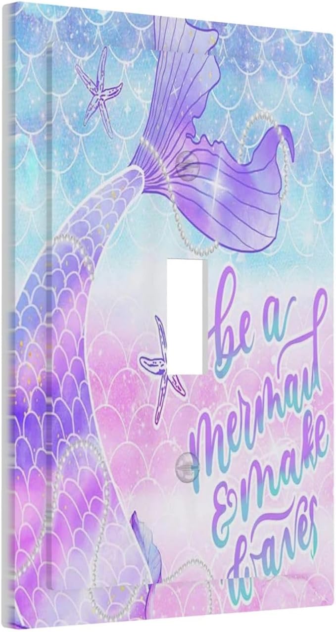 Colorful Girl Purple Pink Blue Fish Mermaid Scales Tail Quotes Undersea Ocean Theme 1 Gang Electrical Single Toggle Device Switch Wall Plate Jumbo Size Decorative Outlet Light Switch Cover Faceplate