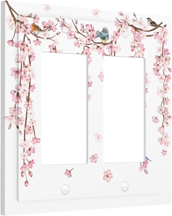 Pink Cherry Blossom Flower Vine Floral Tree Branch Birds Decorative Outlet Covers 2 Gang Double GFCI Rocker Electrical Wall Panels Light Switch Cover Plate for Bedroom Living Room Decor