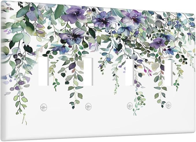 Light Switch Cover Plate Blue Purple Eucalyptus Leaves Boho Botanical 4 Gang Quad Toggle Decorative Switch Plates Wall Panels Electrical Wall Plates Faceplate for Bathroom Home Decor