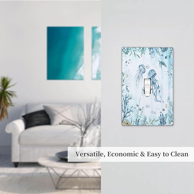 Decorative Light Switch Cover Jellyfish Teal Blue Ocean Turtle Coastal Beach 1 Gang Single Toggle Decorator Outlet Wall Plate Device Electrical Faceplate Switchplates for Bedroom