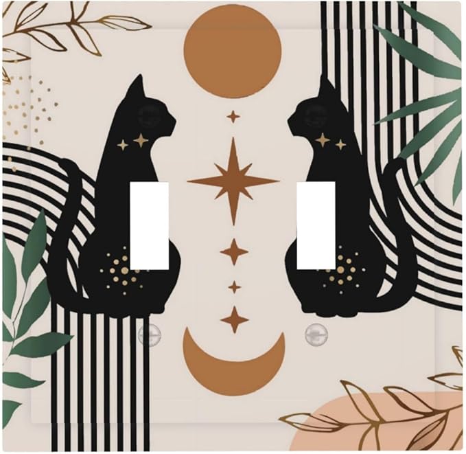 Witchy Mystic Gothic Funny Boho Mid Century Black Cute Cat Moon Phase Abstract Leaf 2 Gang Electrical Double Toggle Outlet Light Switch Wall Plate Decorative Receptacle Face Switchplate Cover Mid Size
