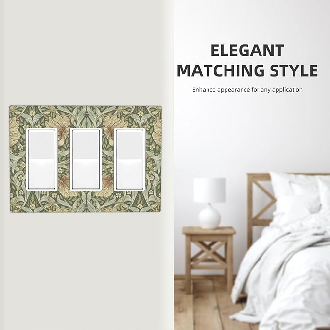 William Morris Pimpernel Flowers 3 Gang Rocker Outlet Covers Triple Rocker Light Switch Cover Vintage Floral Green Botanical Wall Plate Decorative for Country Bedroom Kitchen Living Room Décor