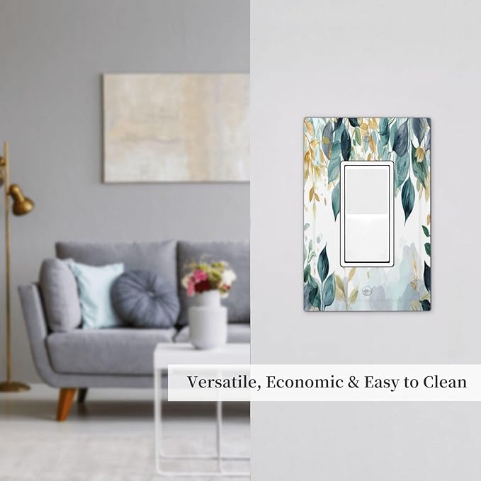 Boho Goldgreen Leaf Botanical Eucalyptus Leaves Decorative Outlet Covers 1 Gang Single Rocker Light Switch Cover Plate Wall Plates GFCI Faceplate for Bedroom Living Room Decor
