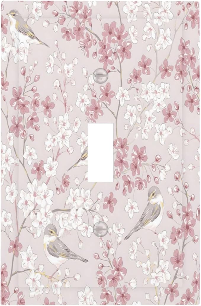 Pink Sakura Cherry Blossom Vintage Bird Floral Flower Decorative Light Switch Cover 1 Gang Single Toggle Device Electrical Faceplate Switchplates Decorator Outlet Wall Plate for Bedroom Living Room