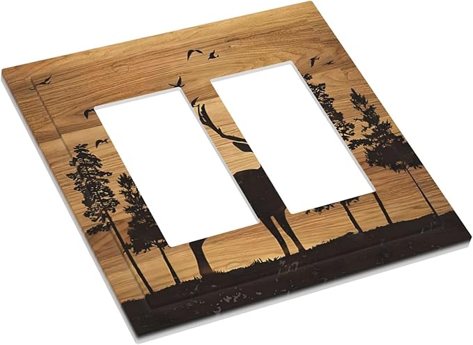 Elk Moose Forest Hunting Pyrography Art Wood Texture Print Decorative Outlet Covers 2 Gang Double GFCI Rocker Electrical Wall Panels Light Switch Cover Plate for Farmhouse Bedroom Decor
